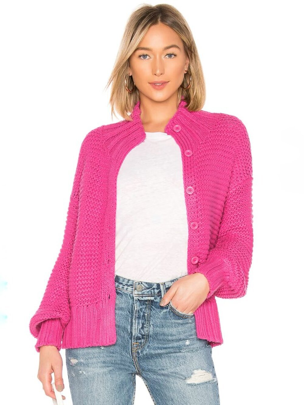 HOUSE OF HARLOW Bright Pink Chunky Knit Reverse Stitch Cardigan Sweater, Size XS